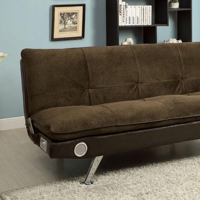 GALLAGHER Dark Brown/Chrome Futon Sofa w/ Bluetooth Speaker, Brown